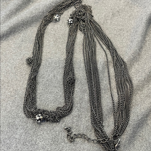 🌻3/$15 Gunmetal Tone 13 Strand Chain Necklace & Rhinestone Earring Set - Picture 4 of 5